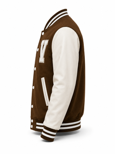 Chaqueta Varsity Unisex Marrón con Mangas Blancas, Parche Bordado con la Letra V, Estilo Urbano, Cuello Camisero, Corte Regular, Ropa de Invierno - Product Image 3
