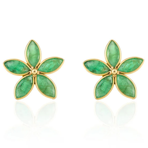 18K Gold Five Stone <b>Emerald</b> Flower <b>Stud</b> <b>Earrings</b> with Freshwater Pearl and Diamond - Product Image 2