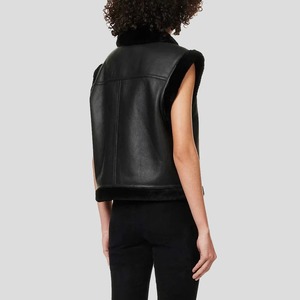 Chaleco de Cuero Genuino con Forro de Borrego para Mujer, Estilo Bomber B3, Color Negro, para Invierno - Product Image 2