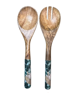 Ensemble de cuillères et fourchettes à salade en bois avec motif de feuilles, manche long, vaisselle durable, ustensiles de cuisine - Product Image 1