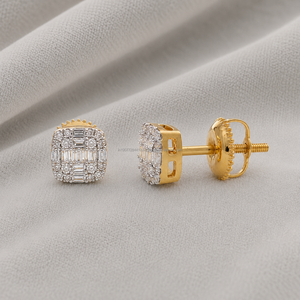 0.24 Ct Natural Round & Baguette Cut Diamond Square Shaped Stud <b>Earrings</b> 10k Yellow Gold Luxury <b>Fine</b> Jewelry for Women - Product Image 1
