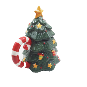 Ceramic Christmas Tree Figurine Green with Yellow Star Top Hand-painted Holiday Glazed Red Candy Cane Handle <b>Battery</b> <b>Operated</b> - Product Image 5