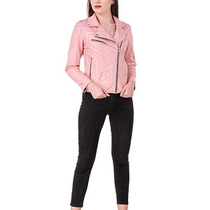 Chaqueta de Moto de Cuero Sintético Rosa para Mujer, Manga Larga, Patrón Geométrico, Cierre de Cremallera, Cuello Alto, Ropa de Otoño - Product Image 1