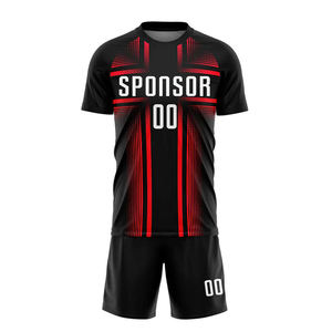 High Quality Athletic Fit Men's Sublimated Soccer Uniform Set Black <b>Red</b> Striped Short Sleeve Training Wear Football Jerseys Set - Product Image 2
