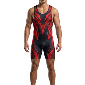 Premium Custom Printed Red Geometric V Shape Sublimated Breathable Stretch Spandex Unisex Adults <b>Wrestling</b> <b>Singlet</b> Professional - Product Image 2