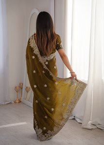 Olive <b>Green</b> <b>Silk</b> Saree With White Embroidery Dot Pattern Scoop Neck Blouse Traditional Wedding Wear All Seasons - Product Image 2