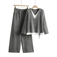 Ensemble de vêtements pour femmes Muhseeq, col mandarin, tricot respirant, ensemble de pantalon large à patchwork, tenue en deux pièces, jacquard, automne