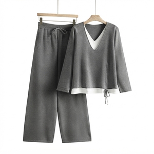 Conjunto de Suéter de Punto Transpirable con Cuello Mandarín para Mujer Muhseeq, Pantalones Anchos de Pierna Larga con Parches, Conjunto de Dos Piezas, Jacquard, Otoño - Product Image 4