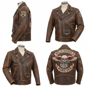 Chaqueta de Motero Unisex de Cuero Genuino Desgastado Estilo Vintage, con Bordado Personalizado de Calavera Wild Rebels, Corte Ajustado, Frente de Lona Estilo Punk - Product Image 5