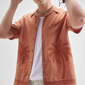 Men's Summer Short Sleeve Hawaiian Shirt Turn-<b>Down</b> Collar Embroidered Palm Tree Pattern Breathable Cotton Vacation Shirts - Product Image 3