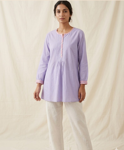 <b>Women</b> Lavender Cotton <b>Kurta</b> Round Neck Long Sleeve Loose Fit Midi Casual Ethnic Daily Wear India Pakistan Style - Product Image 6