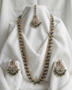 Lucentarts Jewellery Antique Gold Plated Zircon <b>Beaded</b> Long Necklace Earring <b>Set</b> MaangTikka for Wedding Party Traditional Indian - Product Image 4