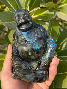 Statue de Bouddha rieur sculptée à la main en labradorite, pierre précieuse naturelle à reflets bleus, Feng Shui, méditation, décoration intérieure, vente en gros - Product Image 6