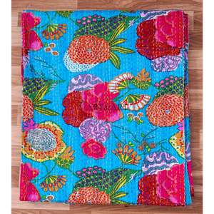 Couvre-lit Kantha indien fait main, 100% coton, imprimé à la main, motif floral, poids du tissu 220g, origine Rajasthan - Product Image 6