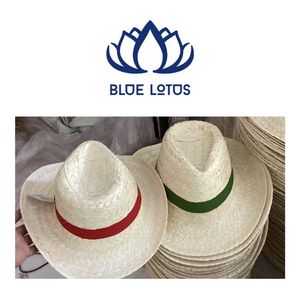 Chapeau de soleil écologique en paille naturelle à large bord, brodé à la main, rayé, pour la plage, 54-56 cm, unisexe, bleu, Lotus Farm Lucy - Product Image 1