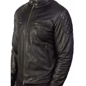 Veste de motard en cuir noir matelassé authentique pour homme - Coupe-vent et écologique - Product Image 4