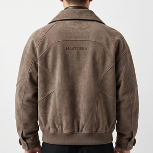 <b>Mens</b> Taupe <b>Suede</b> <b>Jacket</b> Zip Front Wide Collar Slim Fit Utility Pockets Panel Stitching Custom OEM ODM Wholesale - Product Image 2