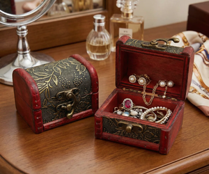 Handmade Vintage <b>Wooden</b> Jewelry Box - Antique Style <b>Treasure</b> <b>Chest</b> with Metal Latch & Floral Embossed Design - Product Image 1