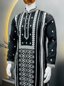 Kurta de Algodón Negro para Hombre con Bordado Blanco, Traje Tradicional Indio para Bodas, Largo hasta el Tobillo, Corte Regular - Product Image 3