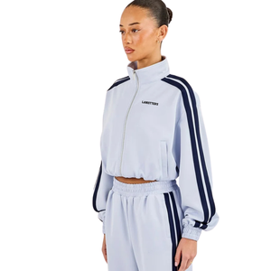 <b>Womens</b> Cropped Full Zip Stand Collar Tracksuit Set Side Stripes Wide Leg Trousers Elastic Waist 2 Piece <b>Lounge</b> Streetwear Outfit - Product Image 3