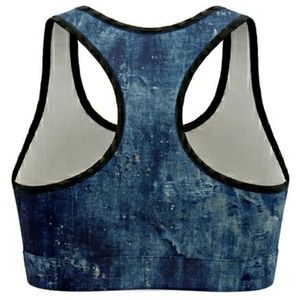 Women's Denim Print Racerback Sport Bra Medium Support Breathable Summer Gym OEM Spandex Polyester Fitness <b>Top</b> <b>Mesh</b> Back Design - Product Image 2