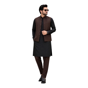 <b>Men's</b> Black <b>Kurta</b> With Brown Waistcoat And Trouser Traditional Indian Pakistani Casual Wear Regular Cotton Outfit - Product Image 1