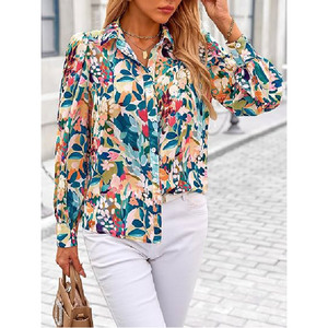 Chemisier à manches longues imprimé floral, col rabattu, coupe ample, décontracté, haut d'été respirant en viscose tissée et polyester pour femme - Product Image 1