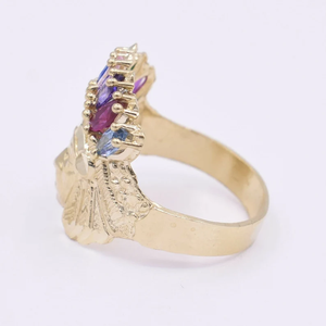 Vintage 10K Gold Cocktail <b>Ring</b> With Marquise Sapphire Stones Prong Setting Flower Design Women's Engagement Jewelry - Product Image 1
