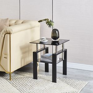 2-Tier Black Tempered Glass Coffee <b>Table</b> <b>with</b> <b>Storage</b> <b>Living</b> <b>Room</b> <b>Side</b> End <b>Table</b> - Product Image 3