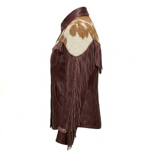 Shirt Collar Burgundy Wine <b>Fringe</b> Cowhide Hair On Hide <b>Womens</b> Western Leather <b>Jacket</b> Spotted Fur Country Rodeo Coat - Product Image 4