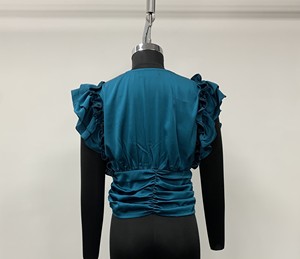 Top de Tirantes con Cuello en V de Satén Color Verde Azulado para Mujer, con Volantes y Cintura Fruncida, Estilo Elegante - Product Image 2