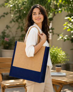 Eco-Friendly Jute Shopping <b>Bag</b> <b>Medium</b> <b>Size</b> Navy Blue Trim Rope Handle Custom Logo Grocery Tote - Product Image 3