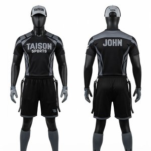 Conjunto de Uniforme de Flag Football para Hombre, Jersey de Poliéster de 150 GSM, Pantalones Cortos, Diseño de Paneles Negro y Gris, Logotipo Personalizado, Impresión por Sublimación, Ropa de Equipo - Product Image 1