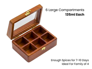 Caja de especias de madera premium con cuchara, 6 compartimentos fijos, 135 ml, elegante organizador de almacenamiento de masala para cocina, Namak Dani de madera - Product Image 2