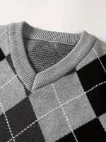 Chaleco de Punto Personalizado para Hombre, Talla Grande, Diseño Color Block Argyle, Lana/Acrílico, Cuello en V, Sin Mangas, Transpirable, para Invierno