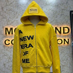 เสื้อฮู้ด Moto End สีเหลืองแบบซิป ปักตัวอักษร ประดับเพชร สไตล์ฮิปฮอป สำหรับทุกเพศ - Product Image 1