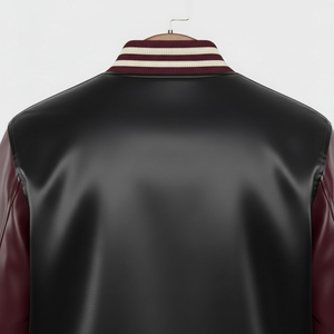 Chaqueta Varsity de PU Negra y Borgoña para Hombre con Cuello y Puños Acanalados, Estilo Casual, Corte Regular, para Otoño - Product Image 6