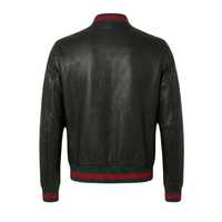 Blouson Bomber Homme Premium en Cuir Véritable, Col Baseball, Coupe Slim, Bordures Côtelées Rayées, Fermeture Éclair, Style Décontracté, Vente en Gros