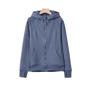 Chaqueta con capucha para mujer, de invierno, para gimnasio, con logo personalizado, color sólido, cremallera completa, holgada, para correr al aire libre, antiencogimiento, estampada, de punto. - Product Image 3