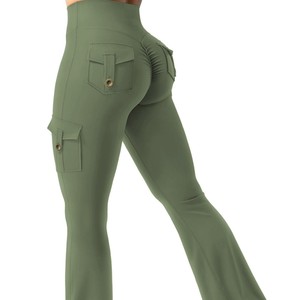 Women's High Waisted <b>Flared</b> Leg Yoga Pants With Cargo Pockets Solid Color Four-Way Stretch Workout <b>Leggings</b> - Product Image 6