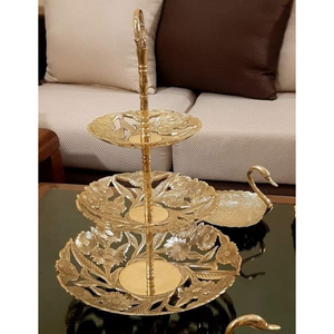 Plateau rond à deux niveaux en acier inoxydable poli argenté, très demandé, avec poignée en rotin et bambou, outils à gâteau, ustensiles de cuisine pour la maison - Product Image 6