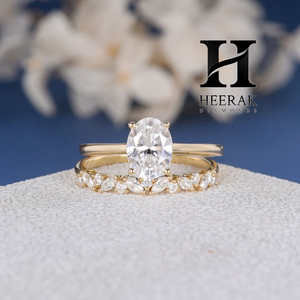 Anillo de compromiso de oro macizo de 14K con halo oculto y diamante de laboratorio de corte ovalado de lujo, conjunto nupcial único con banda a juego de marquesa para mujer - Product Image 6