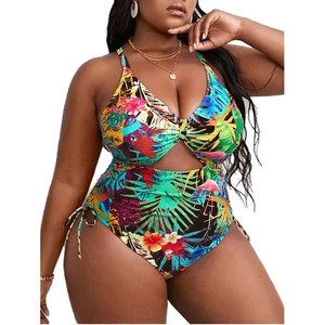 Women <b>Plus</b> <b>Size</b> One Piece Swimwear Floral Print Halter High Waist Push Up <b>Bikini</b> With Drawstring Detail - Product Image 1