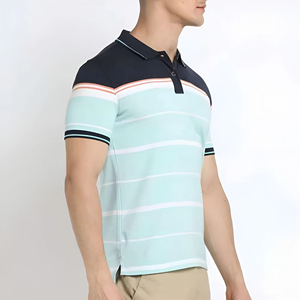 Polo en tricot à manches courtes pour homme, design rayé décontracté, coupe classique, bleu clair, col marine avec bordure menthe - Product Image 5