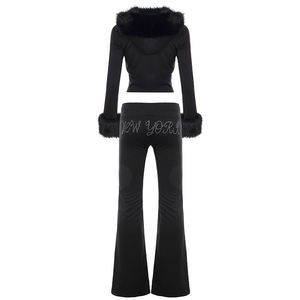 Wholesale Women’s Y2K Hooded Tracksuit Flared Pants Set Rhinestone Zipper Knit Fabric - Product Image 4