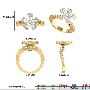 Anillo de Compromiso para Mujer con Diamantes CVD Cultivados en Laboratorio, Florales, Chapado en Rodio sobre Oro de 14K, Color Amarillo F, Diseño de Racimo de Flores - Product Image 5