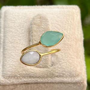Poire Double arc-en-ciel pierre de lune et Aqua calcédoine bague faite à la main-or Vermeil lunette pierre précieuse en gros bague réglable - Product Image 4