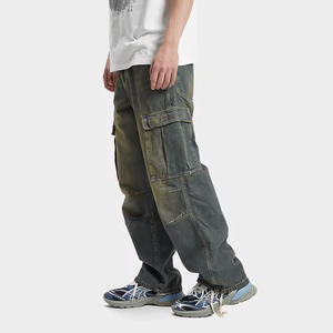 Pantalon cargo en jean délavé pour homme, coupe ample, taille mi-haute, couleur unie, style décontracté, tissu en coton tissé pour l'automne - Product Image 2