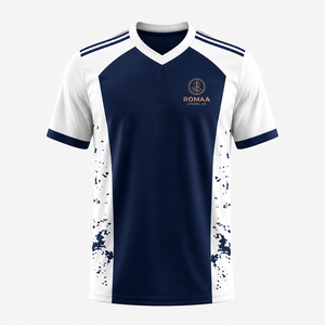 เสื้อฟุตบอลสีน้ำเงินกรมท่าขาวแบบกำหนดเอง คอวี แขนสั้น ชุดทีมพร้อมแถบสีด้านข้าง เสื้อฟุตบอล OEM ทรงพอดีตัวระดับพรีเมียม - Product Image 1