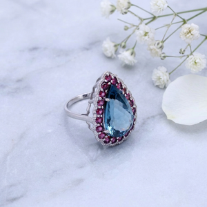 Anillo de Boda de Plata de Ley 925 con Topacio Azul de Londres Natural en Forma de Pera, Granate y Diamantes, Certificado por IGI, de Memoria Jewels - Product Image 5